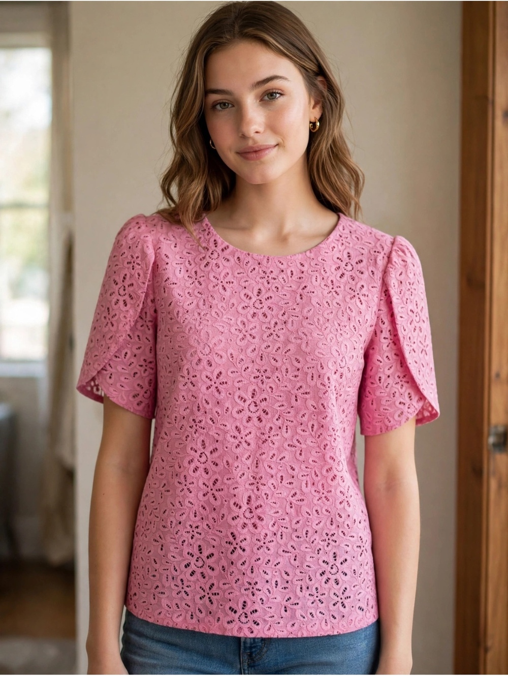 Charter Club Pink Floral Eyelet Lace Short Sleeve Blouse